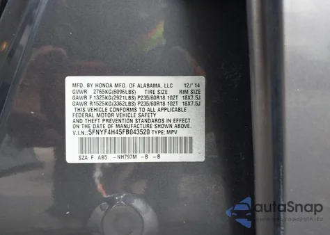 2015 Honda Pilot Ex from USA, damaged, VIN 5FNYF4H45FB043520